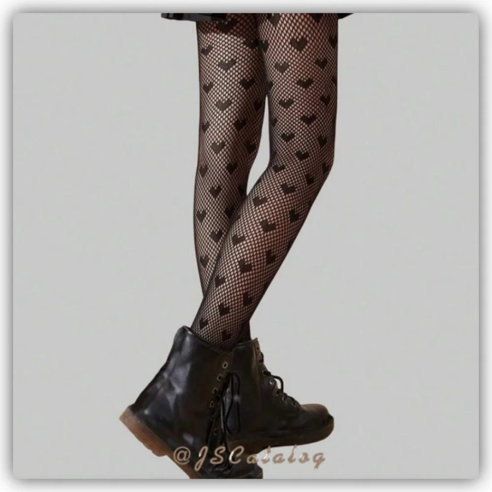 Heart Patterned Mesh Black Tights